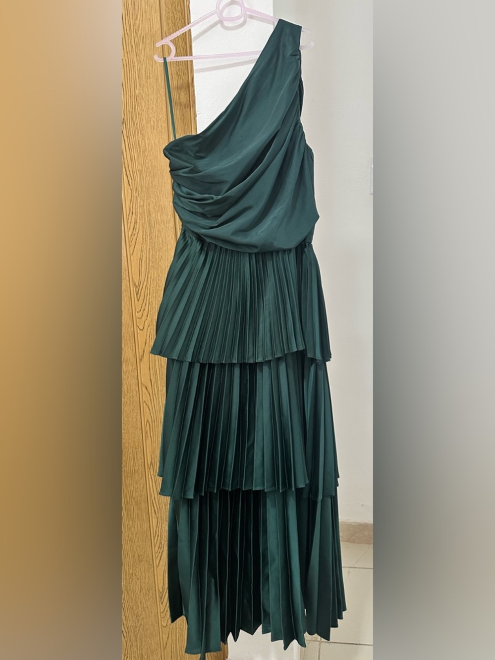 MOTF One Shoulder Ruched Bodice Pleated Long Dress | Dark Green | Size XS